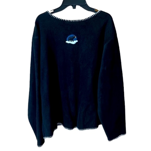 C & B fleece Winter Scene Cardigan Black with Cabin Moose Snowflakes Bear Large - Picture 2 of 10